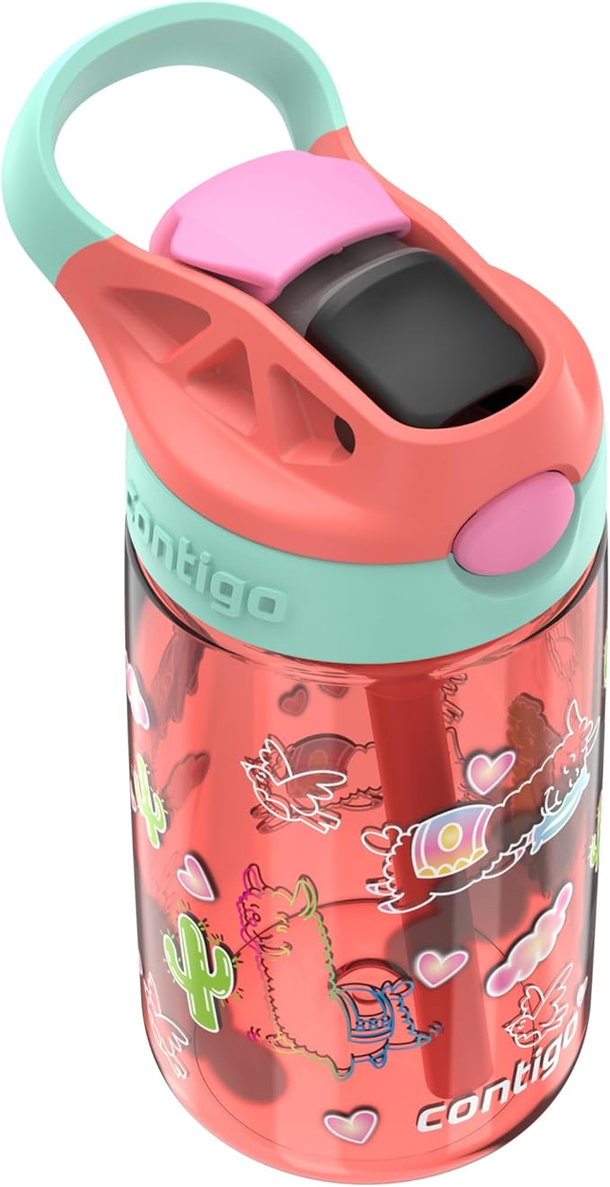 Contigo Autospout Kids Water Bottle, 14oz, Pack of 1, Coral/Llamas