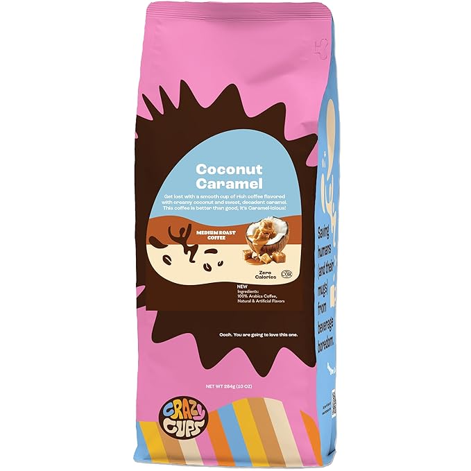 Crazy Cups Flavored Ground Coffee, Coconut Caramel Coffee, For Brewing Flavored Hot or Iced Caramel Coffee, 10oz, Pack of 1