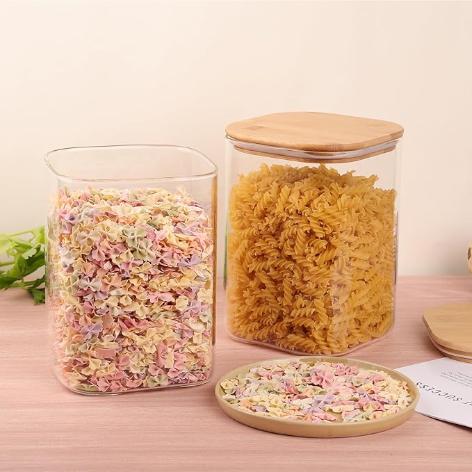 Liuruiyu Glass Food Storage Jars 150 Set of 2,Glass Storage Containers Clear Glass Food Canister with Bamboo Lid Airtight For Serving Tea, Coffee, Flour, Sugar, Candy, Cookie, Spice and More (Square)