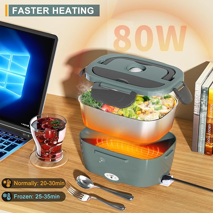 Monteka Electric Lunch Box Food Heater - Leakproof Portable Food Warmer heated lunch box for adults for Car/Home/Truck with 1.5L Removable Stainless Steel Container, 12V/24V/110V, Green