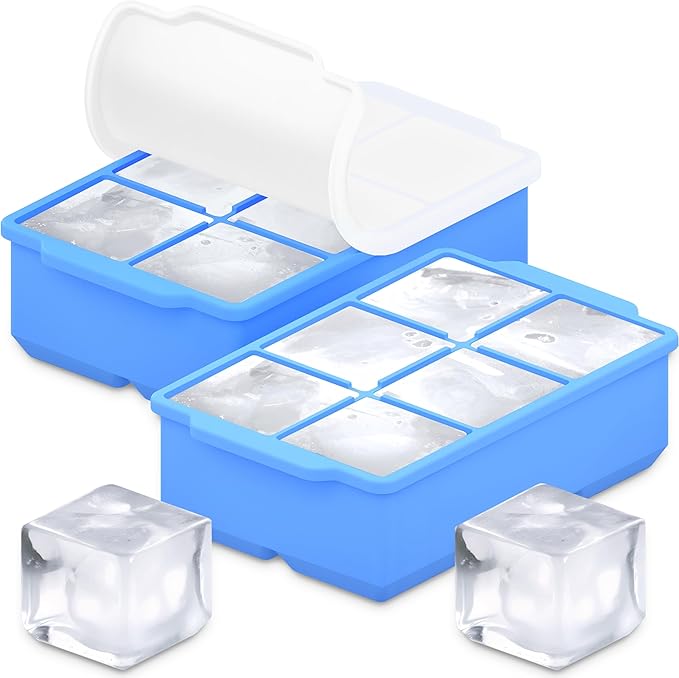 KitchFort Large Silicone Ice Cube Tray (2-Pack), Easy Release 2" Big Ice Cubes - Cocktail, Whiskey Ice Cubes Mold - Ice Trays for Freezer with Lid - Stackable Silicone Ice Tray - Blue