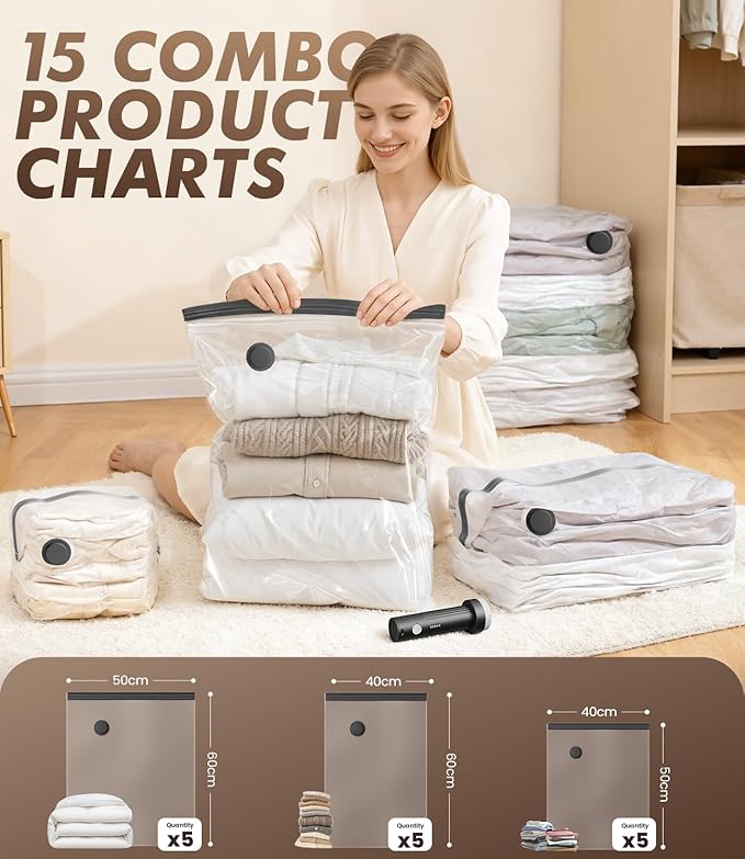vacuum seal bags for clothing with pump - Rechargeable Portable for Travel Home Storage, 15 Pcs Space Saver Bags with Electric Pump, 5 Jumbo & 5 Large & 5 Medium