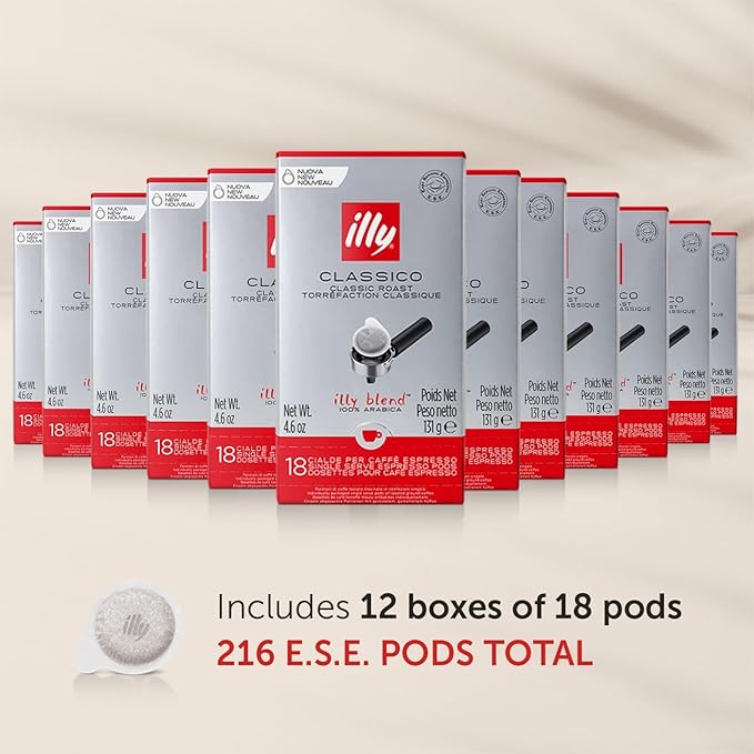 illy Classico E.S.E. Pods , Medium Roast, Classic Roast with Notes of Chocolate & Caramel, 100% Arabica Coffee, All-Natural, No Preservatives, 18 Count (Pack of 12)