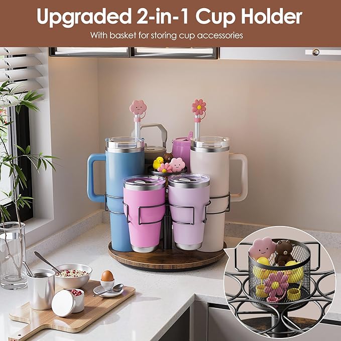 Water Bottle Organizer for 20/30/40oz Stanley & Other Large Tumbler, 6 Slots Stanely Cup Organizer with Straw Sleeve, Cup Bottle Holder for Cabinet Home Countertop Pantry Shelf, Vintage Brown