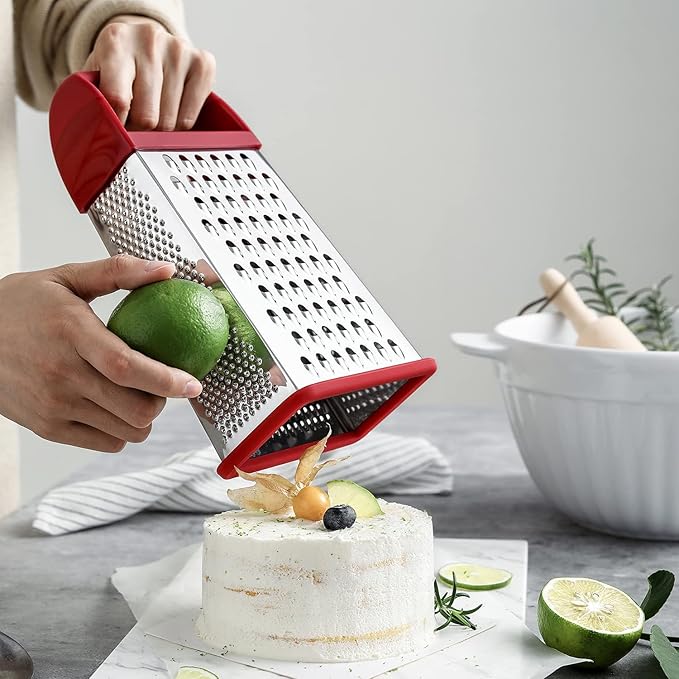 Spring Chef Professional Red 10" Parmesan Cheese Grater With Container, Stainless Steel & Soft Grip Handle, 4 Sided Kitchen Carrot Shredder, Handheld Box Grater for Potato, Veggie, Ginger, Hashbrown