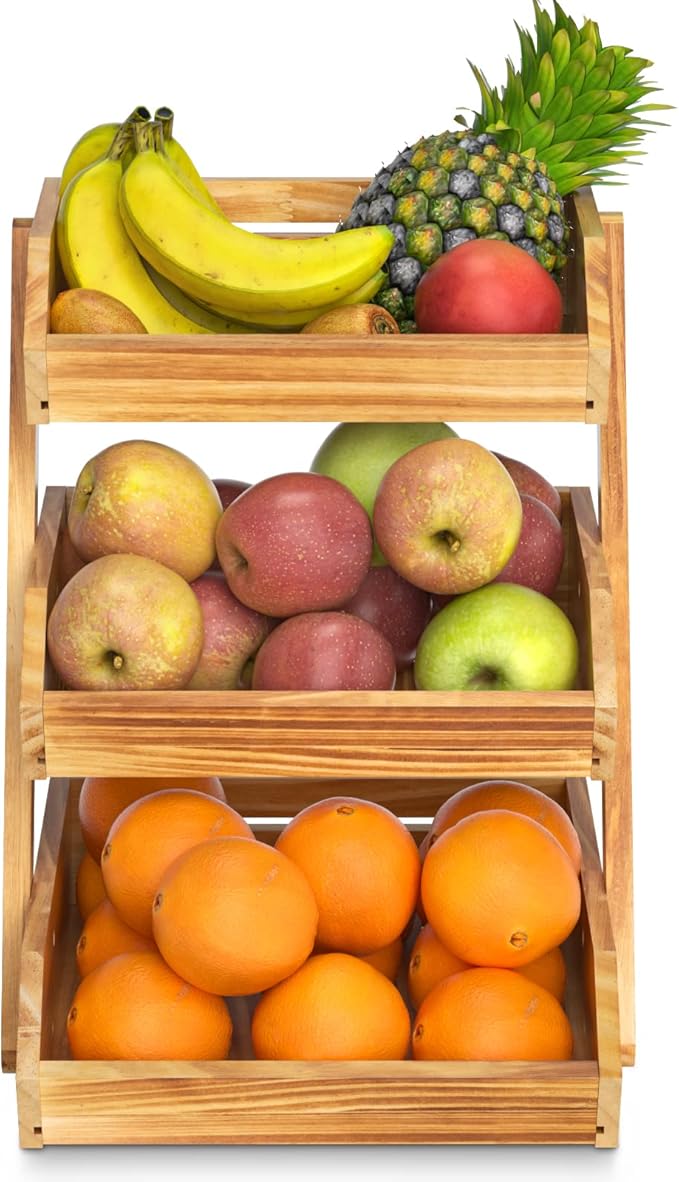 3 Tier Wooden Fruit Basket For Kitchen, Bread Vegetable Fruit Basket Bowl Stand, Farmhouse Fruit Bowl for Countertop, Large