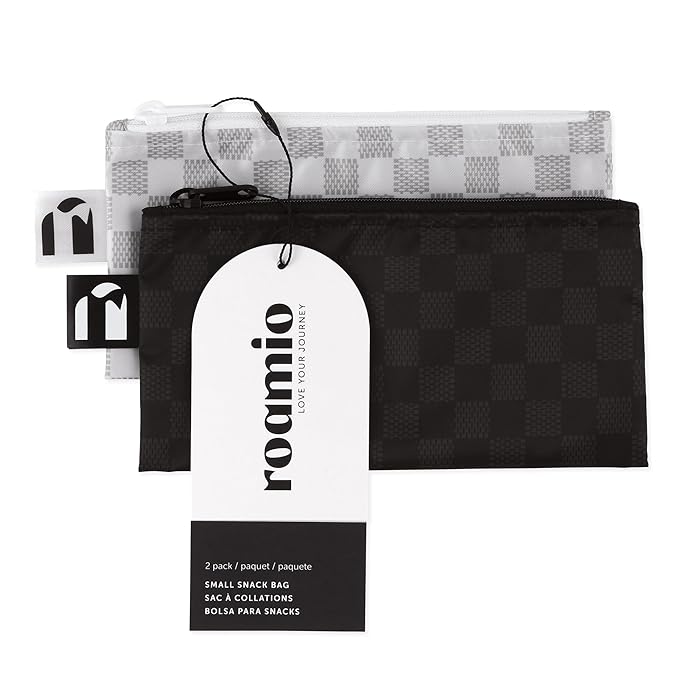Roamio Reusable Snack Bags, for Kids School Lunch and for Adults Portion, Washable Fabric, Waterproof Cloth Zip Bag, Supplies Pack Travel Pouch, Food-Safe Storage, 2-pk Black Check and Off White