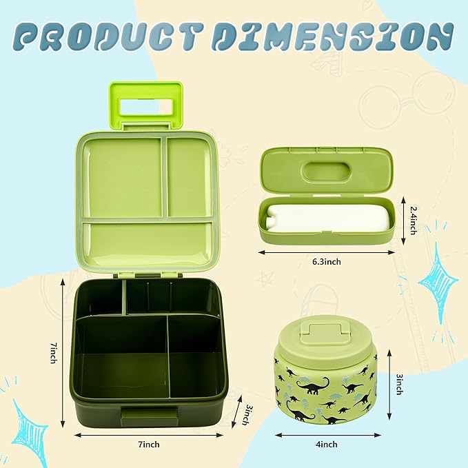 PIQUEBAR Bento Box for Kids with 8oz Soup Thermo Leak-Proof Lunch Box Food Containers with Snack Sauce Container for Kid Toddler Girls Boys to School, Forest Dinosaur