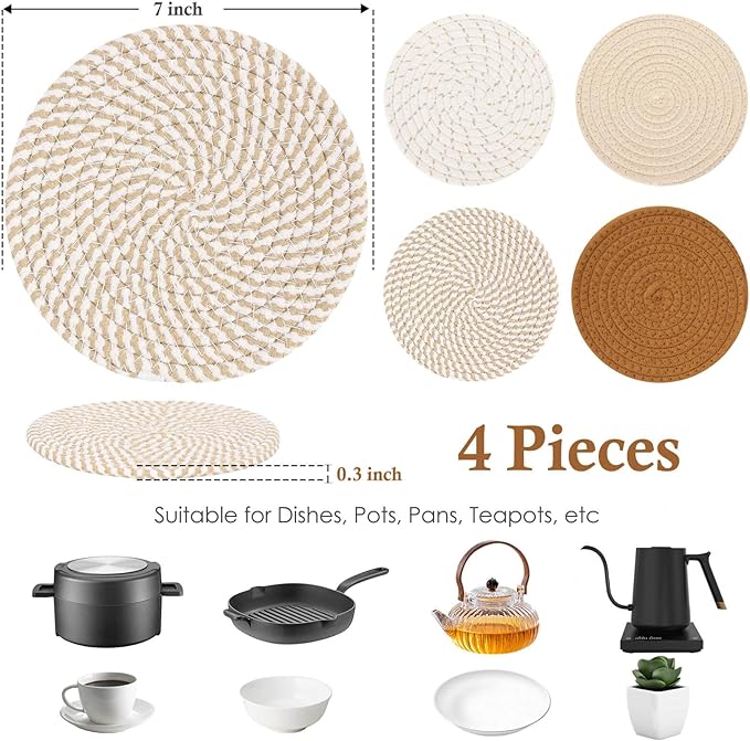 Billbotk 7" Trivets for Hot Dishes, Hot pots and Pans, 4 Heat Resistant Hot Pads, Pot Holders for Kitchen, Home Essentials for New Home and Farmhouse Decor, Fall Decorations for Home(Brown)
