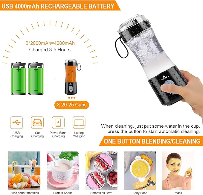Vaeqozva Portable Blender USB Rechargeable Personal Mixer Fruit 12.8 Oz Mini Blender for Smoothie, Fruit Juice, Protein Shake, Milk Shakes