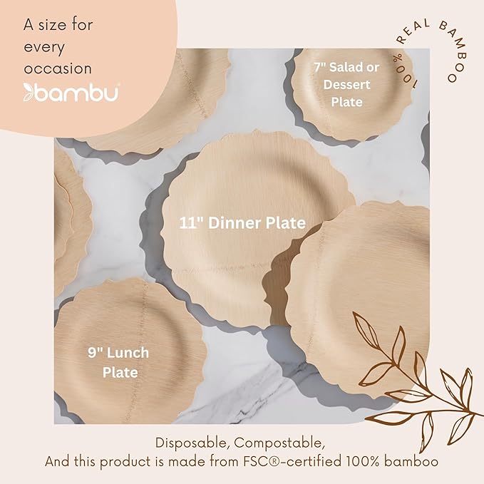 Bambu Pack of 100-7 Inch Disposable Bamboo Plates Fancy, Biodegradable Eco Friendly Products, Bamboo Disposable Plates for Party, Weddings, and Events, Great For Any Occasion - Bulk Case