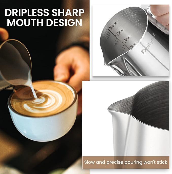 Milk Frothing Pitcher, Dailyart 12oz/350ml Milk Frother Cup 304 Stainless Steel Milk Steamer Cup with Scale, Espresso Machine Accessories, Milk Pitcher with Art Pen for Cappuccino Coffee Latte Art