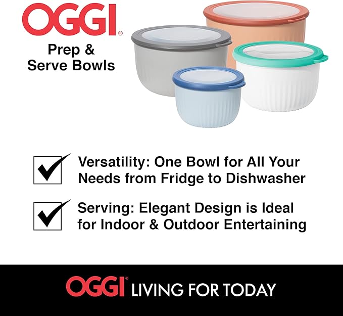 Oggi Prep, Store & Serve Plastic Bowl w/See-Thru Lid- Dishwasher, Microwave & Freezer Safe, (2.6 qt) White/Aqua