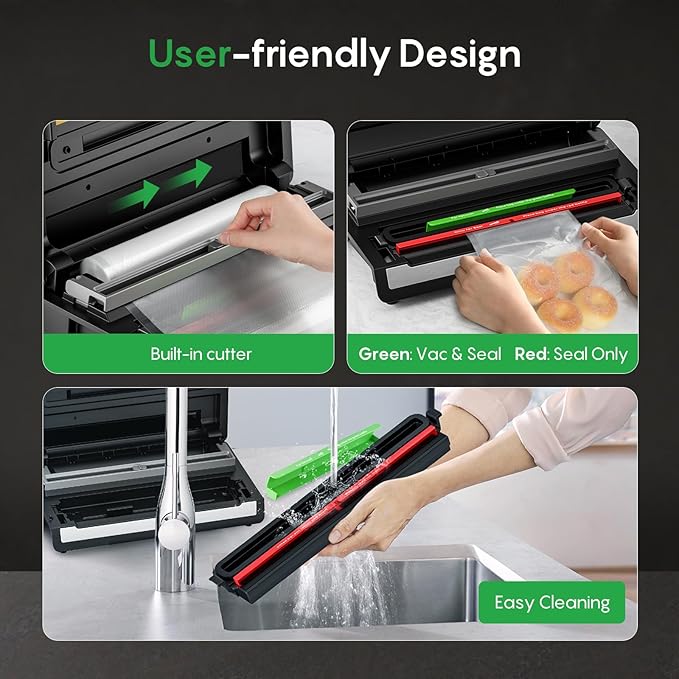 Fully Automatic Vacuum Sealer, 95Kpa Powerful Food Vacuum Sealer Machine, Auto Dry-Wet Detection | Bag Cutter | 2 Rolls Bags | Effortless Operation, Silver - Black