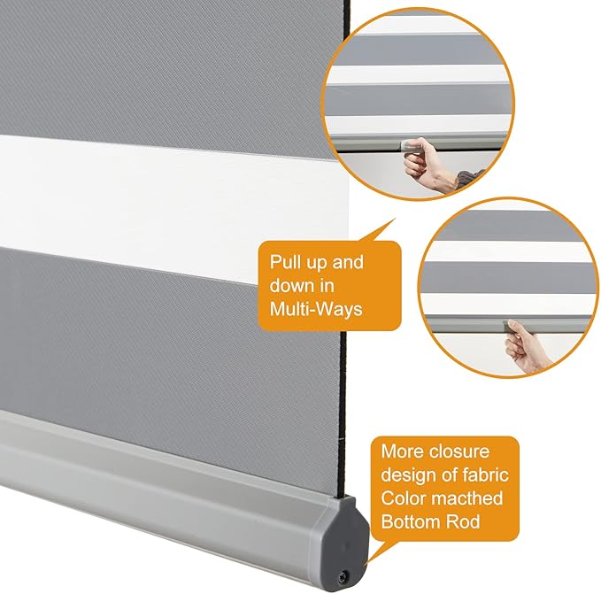 Persilux Cordless Zebra Blinds for Windows (70" W X 47" H, Grey) Free-Stop Windows Shades Dual Layer Light Control for Day and Night, Light Filtering Sheer Shades for Home, Easy to Install