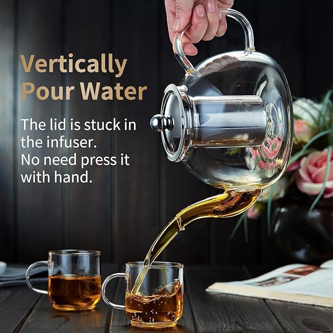 60OZ (1800ML) Glass Teapot with Infuser Stovetop Safe, Clear Glass Tea Pot Kettle, Borosilicate Tea Pot with Infusers Filter for Loose Tea, Tea Kettle Dishwasher Safe