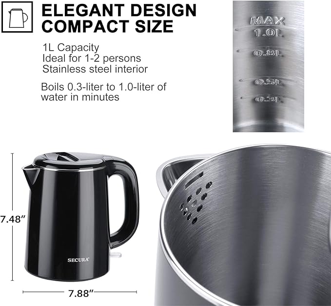 Secura Stainless Steel Double Wall Electric Kettle Water Heater for Tea Coffee w/Auto Shut-Off and Boil-Dry Protection, 1.0L (Black) SWK-1001DB/HB-K012