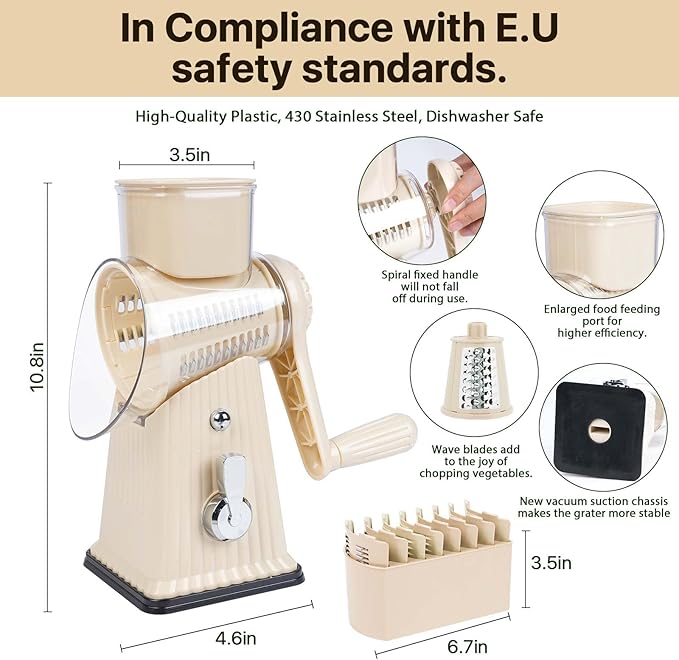 Manual Rotary Cheese Grater, White, 5-in-1 Vegetable Slicer with Suction Base, Stainless Steel Blades, Hand Crank Design for Kitchen