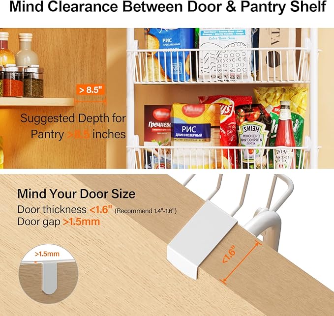 Delamu Large Over the Door Pantry Organizer, 6-Tier Metal Pantry Door Organization and Storage for Easy Install, Hanging Spice Rack Seasoning Shelves for Cabinet & Kitchen, D6.7xW17.5xH53.7 in, White