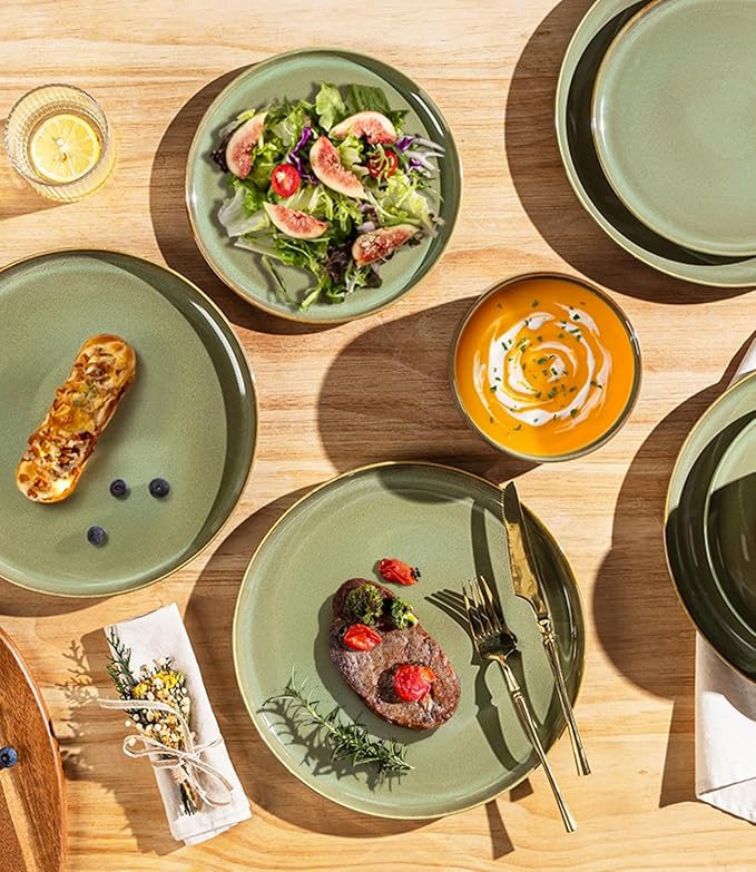 TheTerra Ceramic Dinnerware Sets for 6, 18 Pieces Handmade Reactive Glaze Plates and Bowls Set, Scratch Resistant Dish Set, Oven & Microwave & Dishwasher Safe, Brown Green