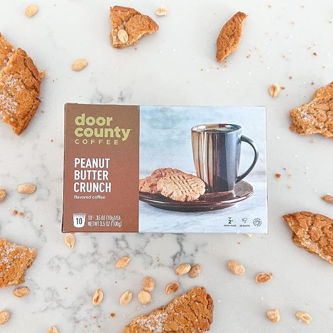 Door County Coffee Peanut Butter Crunch Flavored Ground - 10 Count Single Serve Cups - Medium Roast - 100% Specialty Arabica - Flavored Gourmet - Peanut Butter Flavored