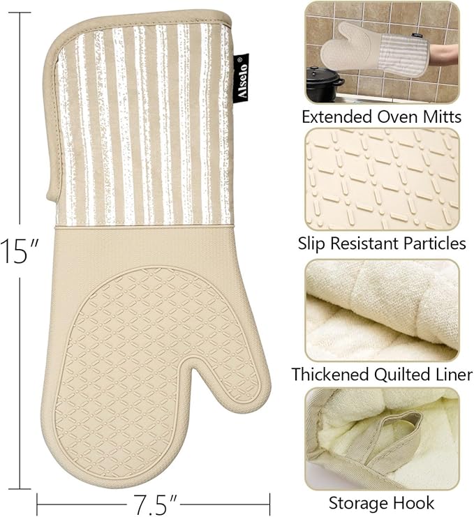 Silicone Oven Mitts Heat Resistant 932℉ with Waterproof & Non-Slip Kitchen Mittens, Set of 2 Extra Long Oven Gloves with Soft Cotton Terry Lining for Baking Cooking Barbecue (Khaki, 2)