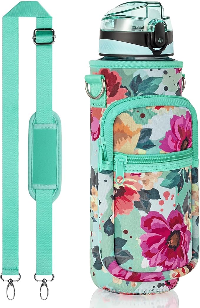 Fimibuke 32 oz Water Bottle with Sleeve - BPA Free Leakproof Sport Large 1L Plastic Motivational Water Bottle with Straw Strap & Insulated Neoprene Holder Carrier Bag Great Xmas Gift for Women Men