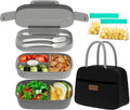 JBGOYON® Bento Lunch Box Set - 3 Stackable Containers for Adults and Kids- Includes Lunch Bag, Leak-Proof and BPA-Free - Built-in Utensil Set and Snack Bag - Dishwasher Safe(Grey Black)