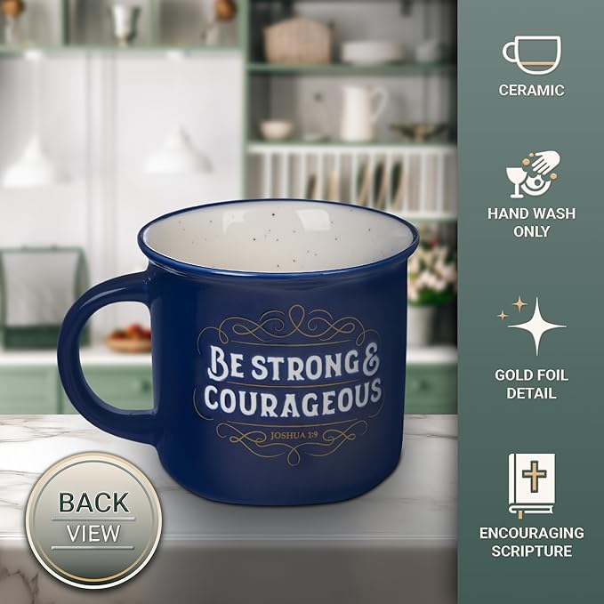 Christian Art Gifts Inspirational Ceramic Coffee & Tea Scripture Mug for Men & Women: Strong & Courageous Bible Verse, Microwave & Dishwasher Safe Non-toxic Beverage Cup, Dark Navy Blue/White, 13 oz.