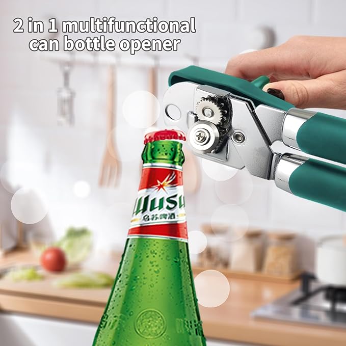 Can Opener Manual, Handheld Strong Heavy Duty Stainless Steel Can Opener, Comfortable Handle, Sharp Blade Smooth Edge, Can Openers with Multifunctional Bottle Opener, Aqua Sky