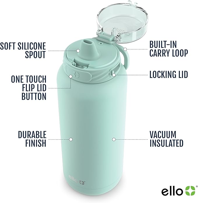 Ello Cooper 32oz Stainless Steel Water Bottle with Straw and Carry Handle, Double Walled and Vacuum Insulated Metal, Leak Proof Locking Lid with Soft Silicone Spout, Reusable, BPA Free, Yucca