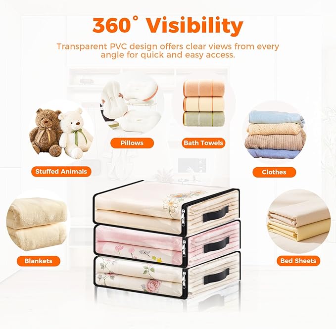 SpaceWhisper 8 Pack Clear Storage Bags, Plastic Blanket Storage Bags with Zipper and Handle, Moving Bags for Comforter, Bedding & Clothes, Closet Organizer and Under Bed Storage (15.7x13.8x3.9 Inch)