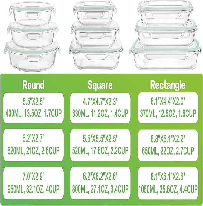 HOMBERKING Glass Food Storage Containers with Lids, [18 Piece] Glass Meal Prep Containers, Airtight Lunch Bento Boxes, BPA-Free & Leak Proof (9 lids & 9 Containers) - Blue