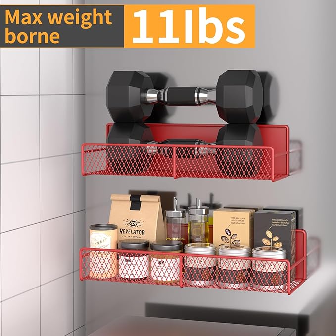 Magnetic Spice Rack for Refrigerator, 4 Pack 100% Metal Strong Magnet Fridge Shelves, Space Saving Spice Organizer, No Drilling Moveable Home Kitchen Laundry Room Storage Organization, Red