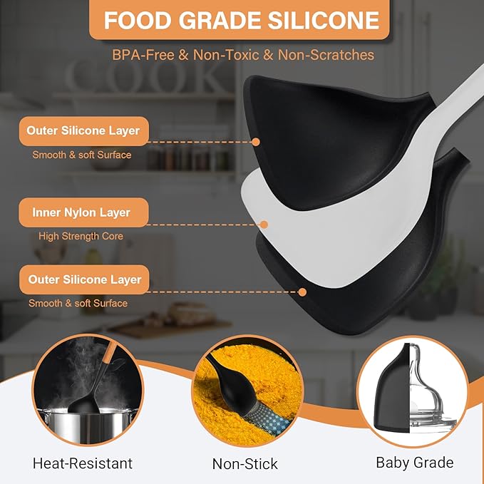 Large Silicone Kitchen Utensils Set, 6 PCS Nonstick Cooking Utensils Set with Wooden Handle, Heat Resistant and BPA Free Silicone Utensil Spatula Set for Cooking with Turner, Spoon and Ladle(Black)