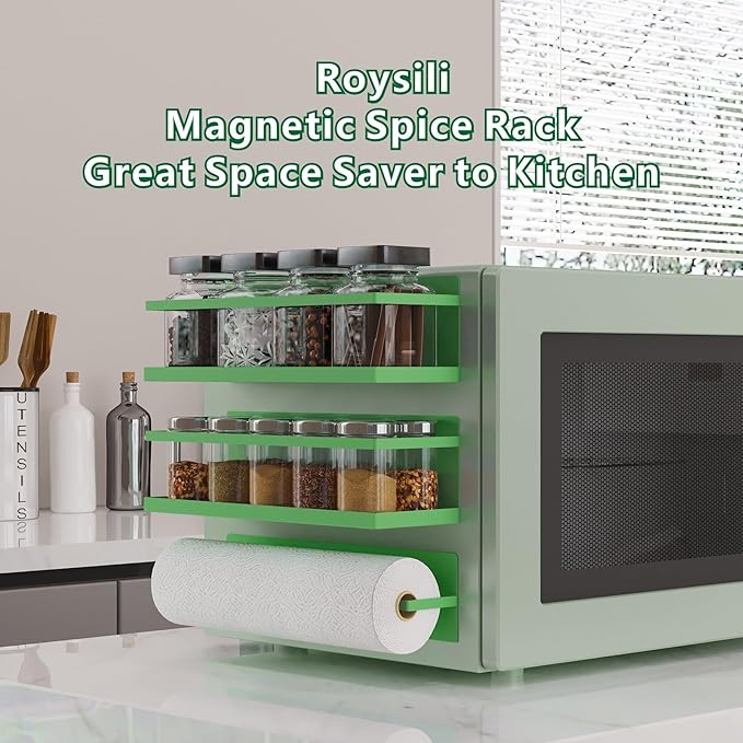 Magnetic Spice Rack For Refrigerator Magnetic Fridge Shelf For Kitchen Spice Organizer Magnetic Shelf For Fridge Space Saving Green 4 Pack With Magnetic Paper Towel Holder