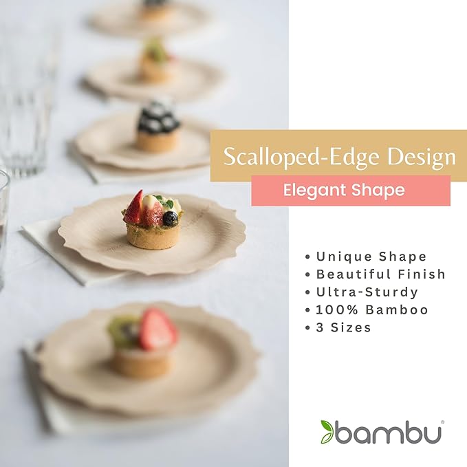 Bambu Pack of 100-9 Inch Disposable Bamboo Plates Fancy, Biodegradable Eco Friendly Products, Bamboo Disposable Plates for Party, Weddings, and Events, Great For Any Occasion - Bulk Case