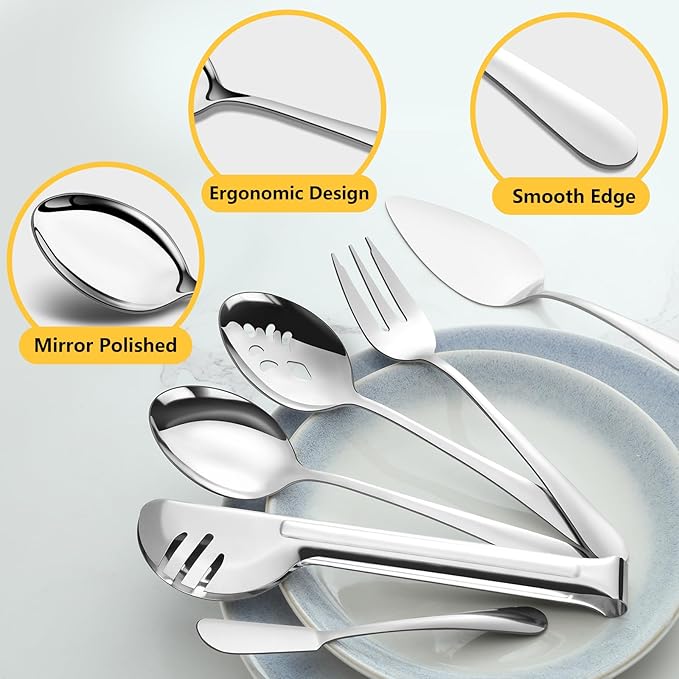 Pleafind 10 PCS Stainless Steel Serving Utensils Set with Spoons, Slotted Spoons, Forks, Tongs, Pie Server and Butter Knife for Parties, Buffet, Banquet