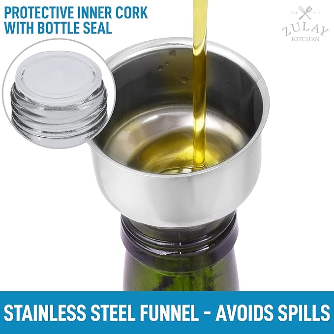 Zulay Kitchen (2 pack 17oz Olive Oil Dispenser Bottle For Kitchen - With 2 Spouts, 2 Removable Corks, 2 Caps, & 1 Funnel - Oil Bottle For Kitchen & Storing Liquids