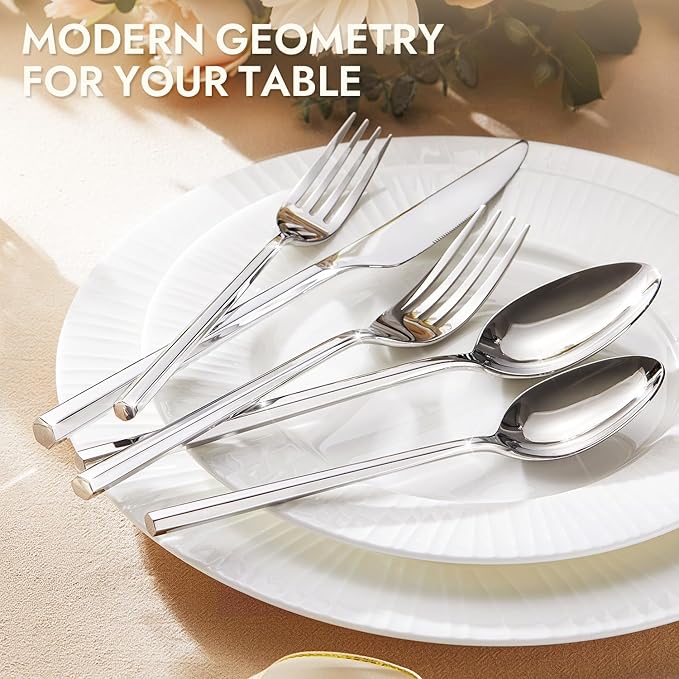 KINGSTONE 40-Piece Silverware Set, 18/10 Stainless Steel Flatware Cutlery Set with Hexagon Handle, for Hotel, Home, Party, Wedding Gift, Mirror Polish and Dishwasher Safe
