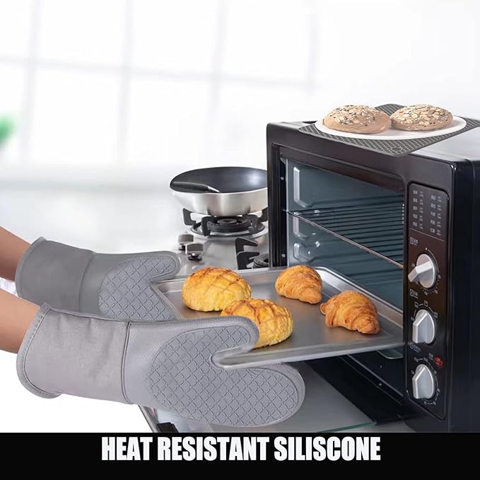 Oven Mitts and Potholders BBQ Gloves-Oven Mitts and Pot Holders with Recycled Infill Silicone Non-Slip Cooking Gloves for Cooking Baking Grilling (4-Piece Set) (Black Grey)
