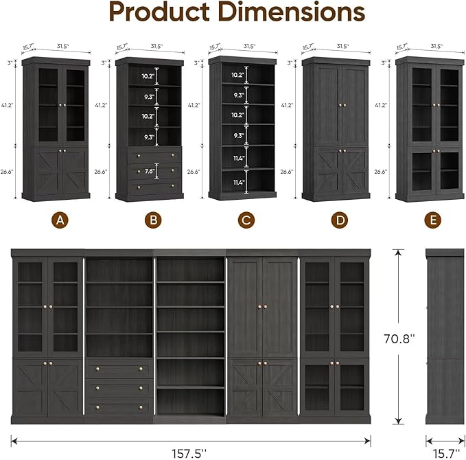 70.8" Tall Black Bookshelf, Farmhouse Modular Bookcase with 6-Tier Adjustable Shelves, Large Storage Cabinet for Home Office, Living Room, Set of 3
