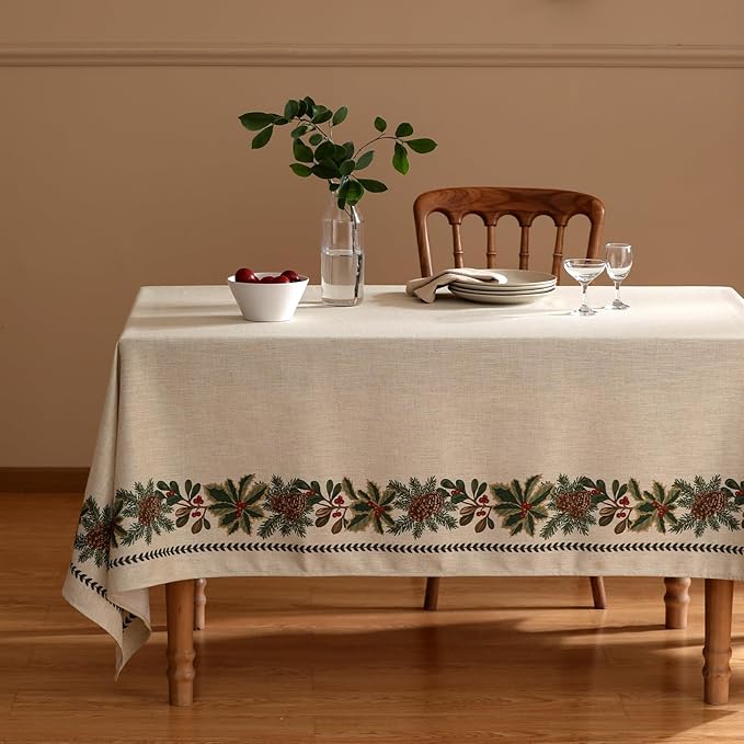ISAENNE Designer Christmas Linen Square Tablecloth,Light Beige Western Elegant Table Cloth,Fall Wrinkle Resistant Decor Tablecloths for Dining Thanksgiving Kitchen Christmas,67"*67"-Carol G