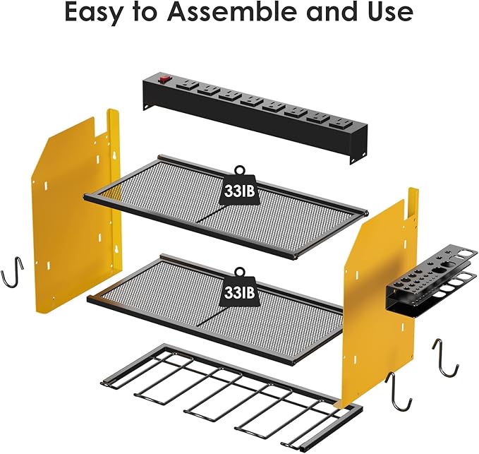 CCCEI Modular Power Tool Organizer Wall Mount with Charging Station. Garage Drill Storage Shelf with Hooks, Heavy Duty Rack, Tool Battery Holder Built in 8 Outlet. Gift for Men. Yellow, 1 Pack.