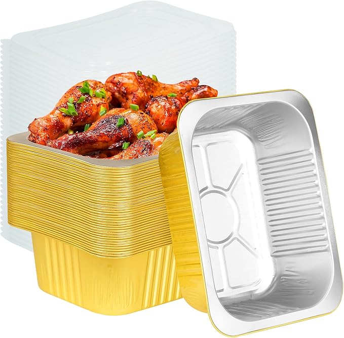 40 Pack 8.7"×6.6"×2.4" Gold Aluminum Foil Pans with Lids Heavy Duty, 3 LB Foil Food Containers with Lids, Disposable Tin Foil Pans for Baking, Meal Prep, Freezer, Heating and Takeout