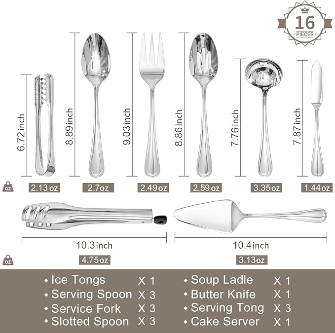KINGSTONE 16 Piece Teardrop Serving Utensils Set, 18/10 Stainless Steel Serving Utensils, Slotted Spoons, Forks, Tongs, Cake Server, Butter Knife for Buffet, Catering, Wedding, Party