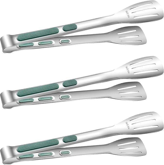 Stainless Steel Kitchen Tong Set - Anti-Slip Heat-Resistant Grip, Widened 3-Line Slotted Heads for Easy Clamping (Steaks, BBQ, Pasta, Salads), Easy Clean for Versatile Use Set of 3-11", Green