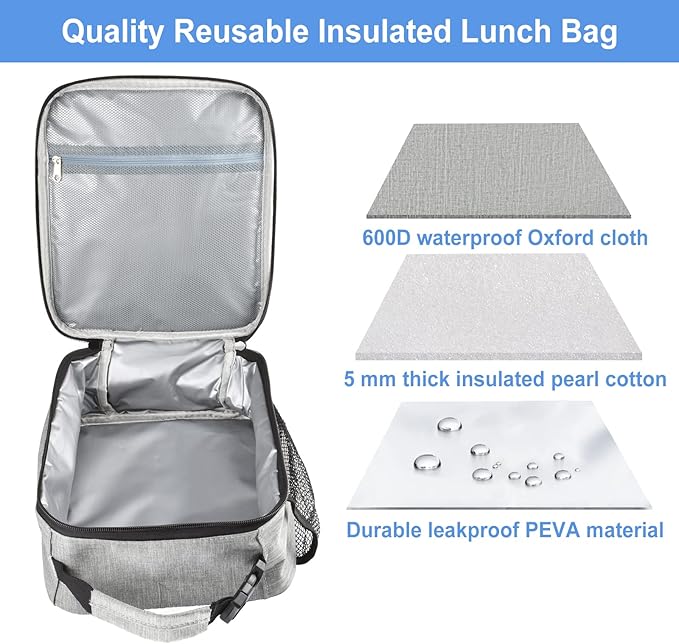 Insulated Lunch Bag, Leakproof Portable Lunch Box for Women Men Boys Girls, Large Capacity Cooler Bag with Handle and Bottle Pocket for Office School Camping Hiking Outdoor Beach Picnic (Grey)
