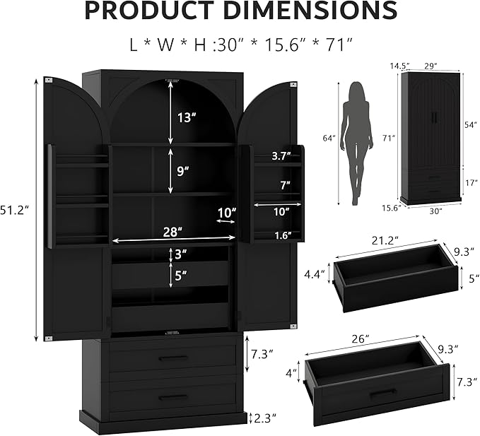 iPormis 71" Tall Kitchen Pantry Storage Cabinet w/Adjustable Shelf, Large Drawers & Door Shelves, Freestanding Kitchen Cupboard for Dining Room/Living Room, Black