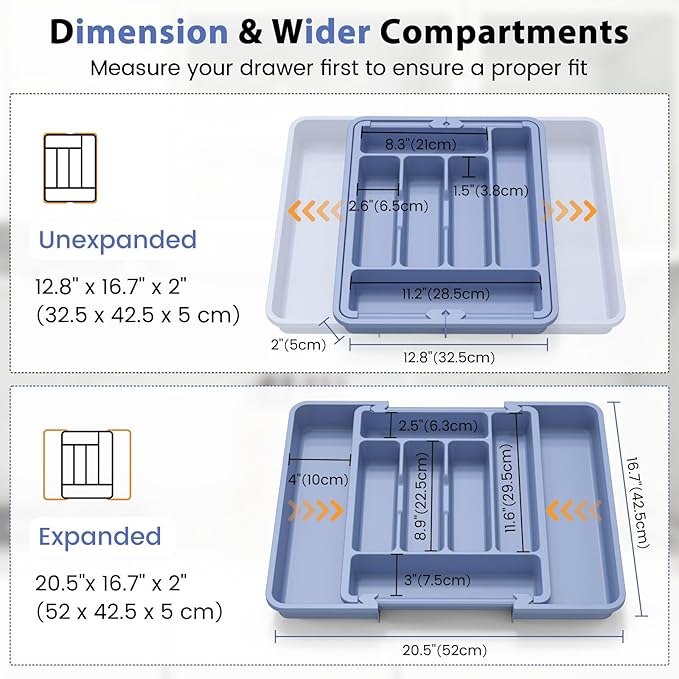 Caperci Large Silverware Organizer for Kitchen Drawer & Utensils - Expandable Drawer Organizer for Cutlery, Flatware & Gadget, BPA-Free Thick Plastic, Wider Compartments & Non-skid Feet (Breezy Blue)